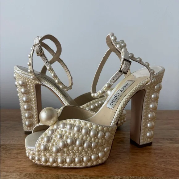 Jimmy Choo Sacaria Platform 120: Pearl-Studded Ivory Heels - Picture 2 of 10
